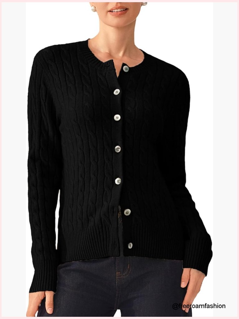 100% Cashmere Cable-Knit Cardigan Crew Neck Button Up Long Sleeve